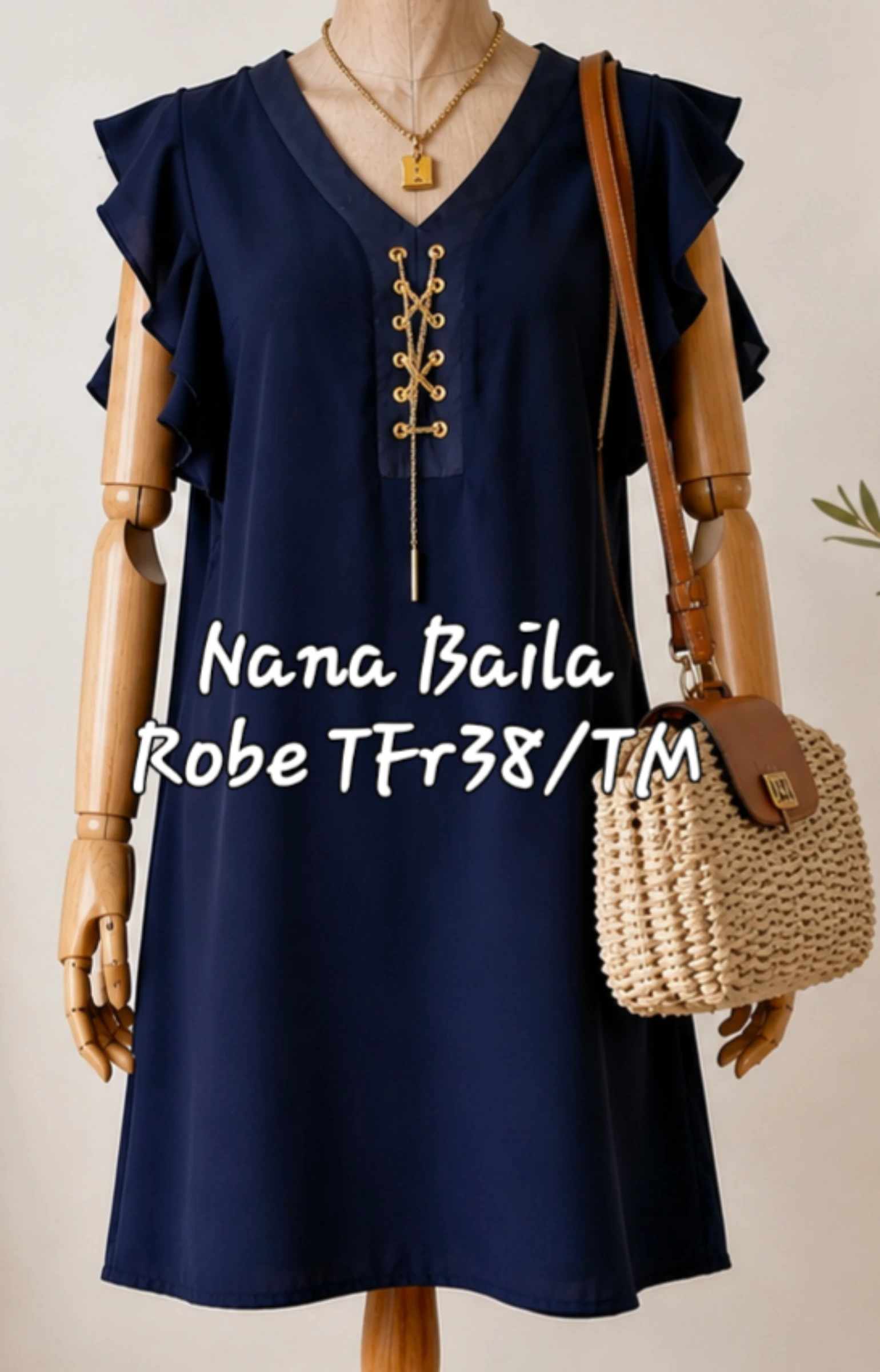 Nana Baila Robe TFr38/TM-Marine-Epaule Volantée & Coupe Droite & Décolleté Laçage Doré en TBE